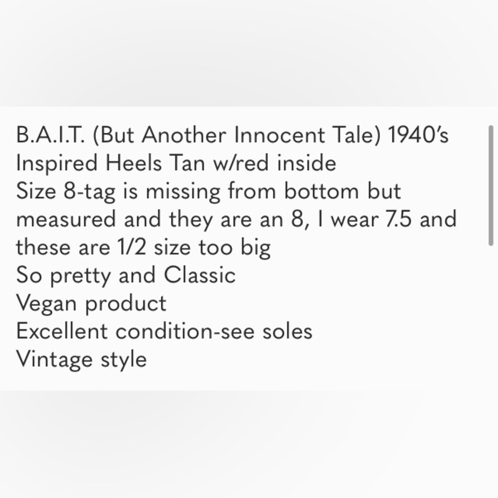 B.A.I.T. (But Another Innocent Tale) 1940’s Inspired Heels Tan w/red inside Sz8 - Picture 10 of 10